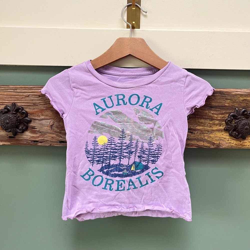 Peek‎ Kids Girls Purple Aurora Borealis Graphic Tee Holographic Lettuce Trim 2T